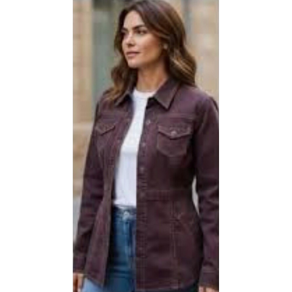 CAbi Halftime Safari Raisin Brown Button Pockets Shirt Denim Jacket Size Small